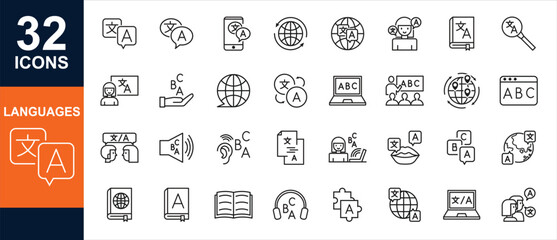 Language flat 32 icons set. Speaking, translate, speak, communication, speech, grammar, dialect icons and more signs. Flat icon collection.