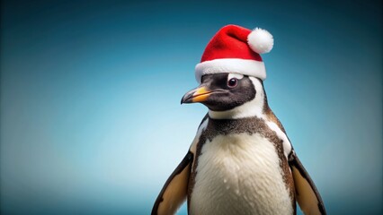 Fototapeta premium Penguin wearing a festive holiday hat, penguin, cute, winter, animal, bird, Christmas, hat, festive, funny, quirky