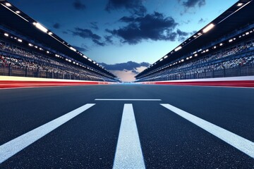 Fast ride on racing track and empty grandstands around asphalt road at night. Professional digital 3d illustration of racing sports with generative ai