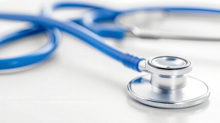 Blue Stethoscope on White Background:  A close-up of a blue stethoscope on a sterile white background, symbolizing healthcare, medicine, and the dedicated professionals who use this essential tool.  