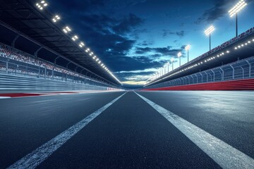 Fast ride on racing track and empty grandstands around asphalt road at night. Professional digital 3d illustration of racing sports with generative ai