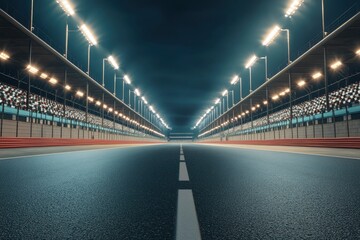 Naklejka premium Fast ride on racing track and empty grandstands around asphalt road at night. Professional digital 3d illustration of racing sports with generative ai
