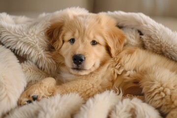 A cute puppy resting on a fluffy blanket, with a soft focus background. The puppy's curious eyes and soft fur create an endearing and cozy scene.