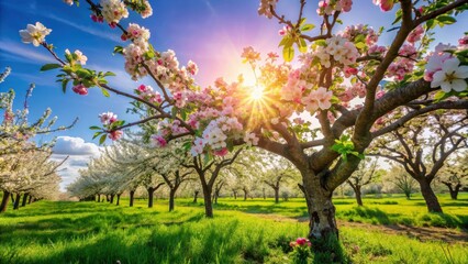 Naklejka premium Vibrant apple tree blossoms under the warm spring sun, nature, flowers, sunlight, fresh, seasonal, blooming, orchard, pink