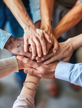 Professional business team in a close-up top view, hands stacked together to signify unity and teamwork.