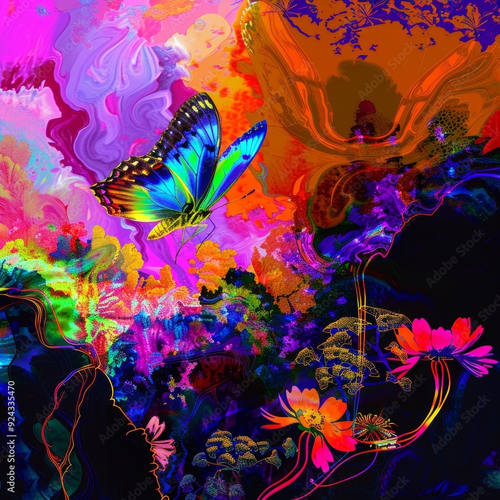 Wall mural Vibrant butterfly amidst abstract floral design.