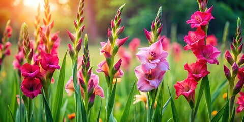 Delicate, sword-shaped gladiolus blooms sway gently in the breeze, showcasing vibrant hues and intricate patterns, amidst lush green foliage, evoking a sense of elegance and serenity.