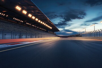 Obraz premium Fast ride on racing track and empty grandstands around asphalt road at night. Professional digital 3d illustration of racing sports with generative ai