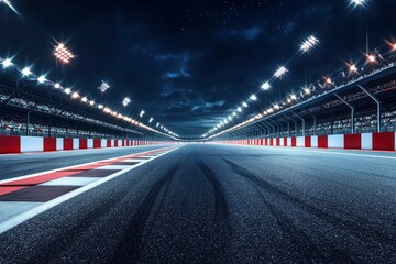 Fast ride on racing track and empty grandstands around asphalt road at night. Professional digital 3d illustration of racing sports with generative ai
