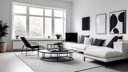Minimal beautiful interior of living room with black and white tone, stunning living room home decoration, contemporary design