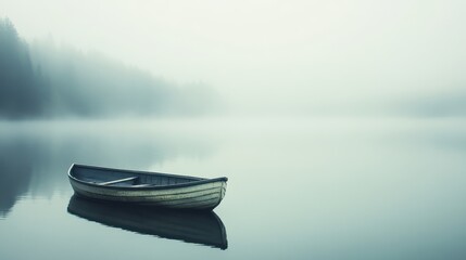 Naklejka premium Rowboat in Foggy Lake.