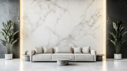 Modern living room interior with white sofa and marble wall.