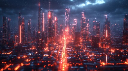 Futuristic Cityscape at Night with Red Lights.