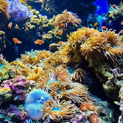 Vibrant coral reef with orange fish swimming amongst colorful anemones.