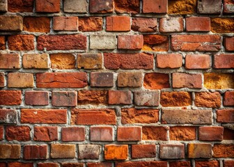 Fototapeta premium Rustic, distressed dark red brick wall with cracked cement joints, perfect background for construction, architecture, or interior design projects, evoking a sense of aged charm.