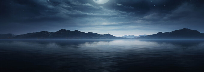 Naklejka premium Serene Nightfall Over the Calm Ocean with Stars Twinkling in the Midnight Sky