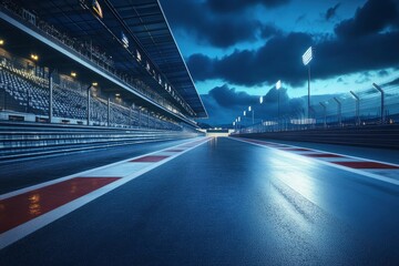 Fast ride on racing track and empty grandstands around asphalt road at night. Professional digital 3d illustration of racing sports with generative ai