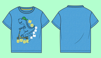 Boys basic short sleeve jersey fabric blue colour round neck dinosaur graphic t-shirt flat sketch outline vector fashion illustration template. 