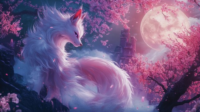 Mystical White Fox Under Full Moon with Sakura Blossoms.