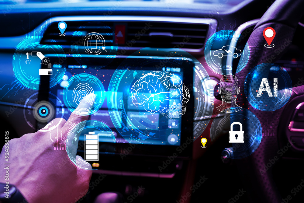 Poster modern smart car technology intelligent system using heads up display.