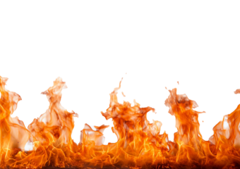 Burning fire flames border white texture isolated on a transparent or white background.