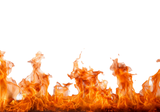 Burning fire flames border white texture isolated on a transparent or white background.