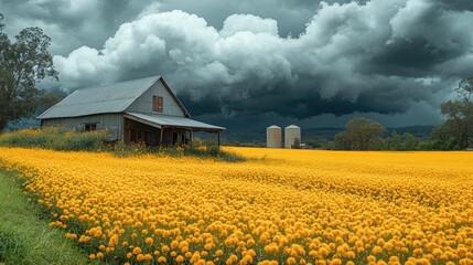 A vast canola field under a dramatic cloudy sky, with industrial silos in the background