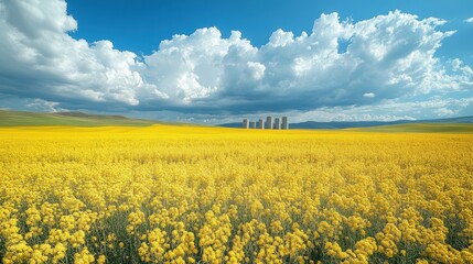 Obraz premium A vast canola field under a dramatic cloudy sky, with industrial silos in the background