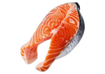 fresh raw salmon food flying isolated on a transparent or white background