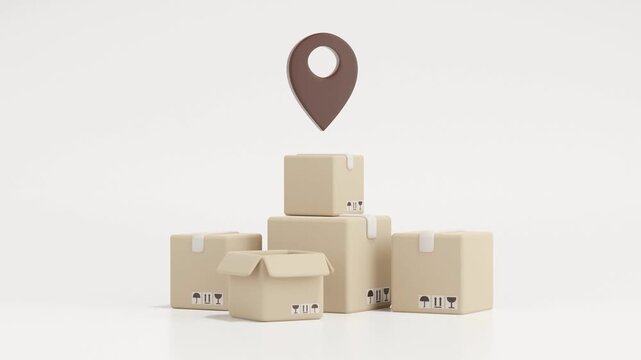 3d render of a location pin over the parcel delivery box, brown card box isolated on white background, looping animation