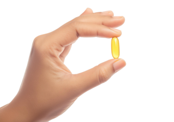 Hand holding capsule isolated on a transparent or white background