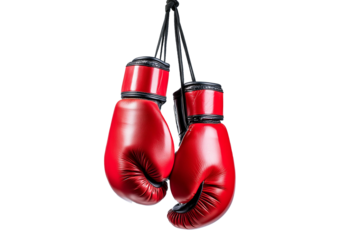 Hanging boxing gloves isolated on a transparent or white background