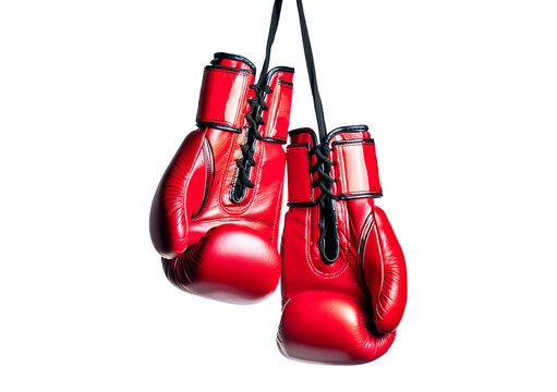 Hanging boxing gloves isolated on a transparent or white background
