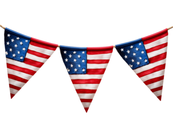 Party triangle bunting with American flag design in 3D watercolor style isolated on a transparent or white background