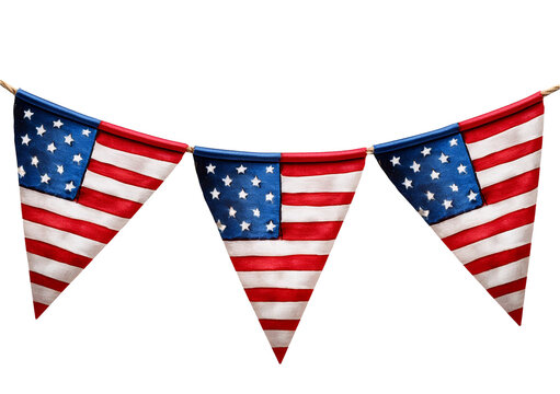 Party triangle bunting with American flag design in 3D watercolor style isolated on a transparent or white background