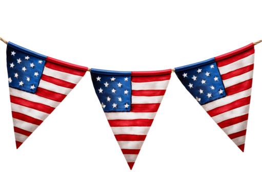 Party triangle bunting with American flag design in 3D watercolor style isolated on a transparent or white background