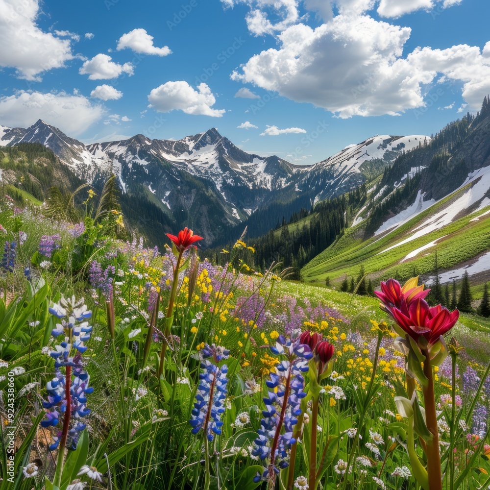 Sticker Vibrant wildflowers bloom in a lush mountain meadow with snow-capped peaks in the background.