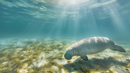 Fototapeta premium Graceful Dugong Swimming in Sunlit Shallow Waters of the Indian Ocean