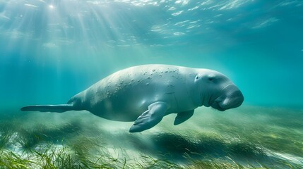 Graceful Dugong Swimming in Shallow Tropical Ocean Waters