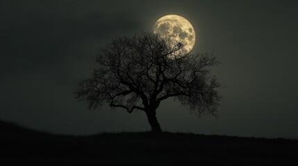 Silhouetted Tree Under a Full Moon.