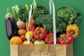A paper bag full of fresh fruits and vegetables against a green background