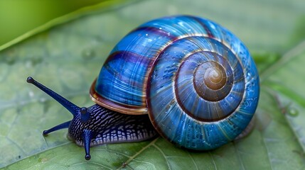 Closeup view of a blue spiral shelled snail crawling on a green leaf in nature
