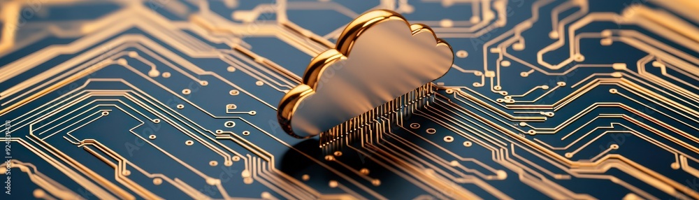 Poster a cloud icon on a circuit board, symbolizing cloud computing and technology innovation.