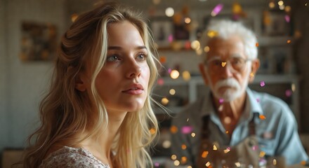 Festive wonder: Family's magical holiday moment. Young woman looking up in awe, older man visible in background with Christmas lights.