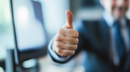 Businessman giving a thumbs up in an office setting during a formal meeting.