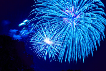 Blue fireworks exploding against a dark blue sky during a fourth of July celebration