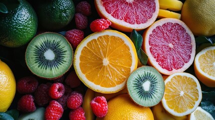 Vibrant citrus fruits, juicy apple, kiwi, and grapefruit slices on black background, perfect for healthy diet and vitamin boost