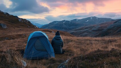 A person sitting in their tent, enjoying the view of the mountains and sky at dusk