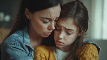 Worried parent young mom comforting depressed crying teen daughter bonding at home Loving understanding mother apologizing