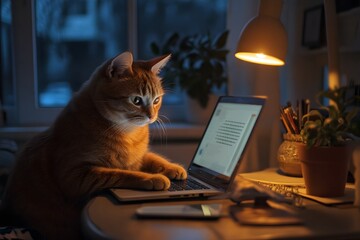 A high-resolution, brightly lit image of a chic cat working on a laptop, resembling a high-end lifestyle magazine feature with a joyful, professional vibe.